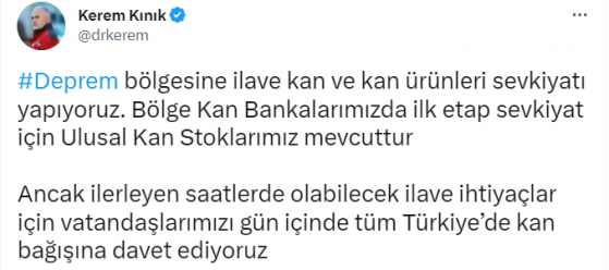 Türk Kızılay Genel Başkanı Kınık'tan deprem bölgesi için kan bağışı çağrısı