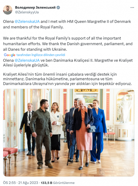 Zelenski, Danimarka Kraliçesi II. Margrethe ve Kraliyet ailesi üyeleriyle görüştü