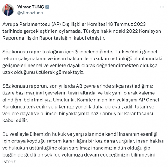 Bakan Tunç’tan AP’nin Türkiye hakkındaki rapor taslağına ilişkin açıklama