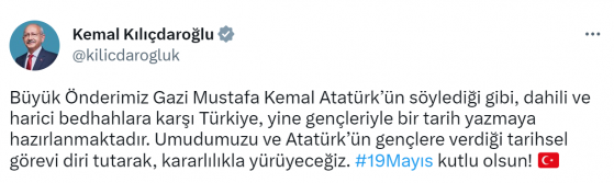 Kılıçdaroğlu'dan 19 Mayıs Atatürk'ü Anma Gençlik ve Spor Bayramı mesajı