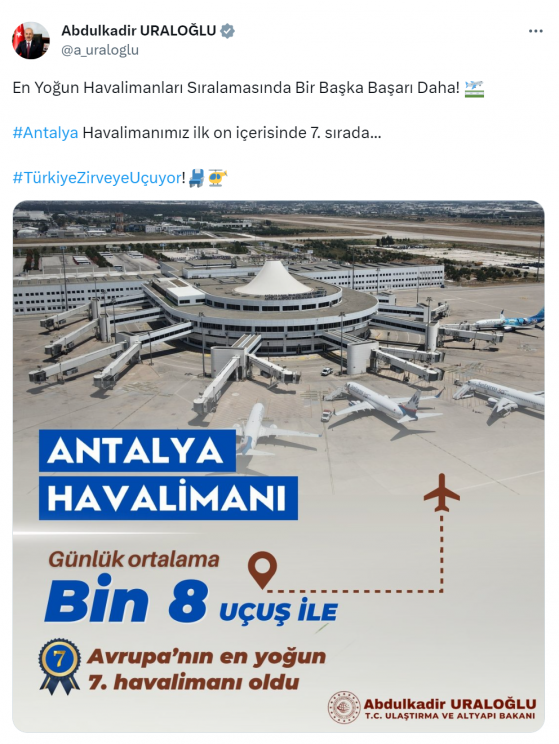 Antalya Havalimanı, Avrupa'nın en yoğun 7. havalimanı oldu