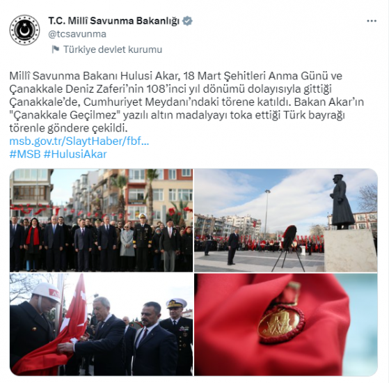 Bakan Akar, Çanakkale Cumhuriyet Meydanı’ndaki törene katıldı